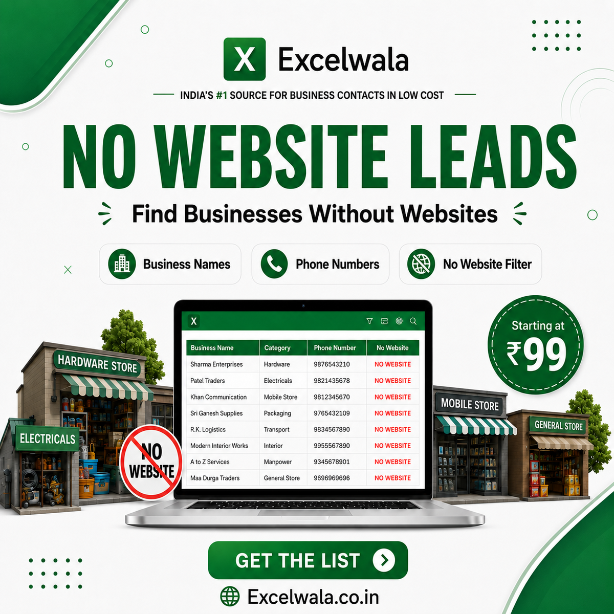 Excelwala No Website Leads — Find Businesses Without Websites
